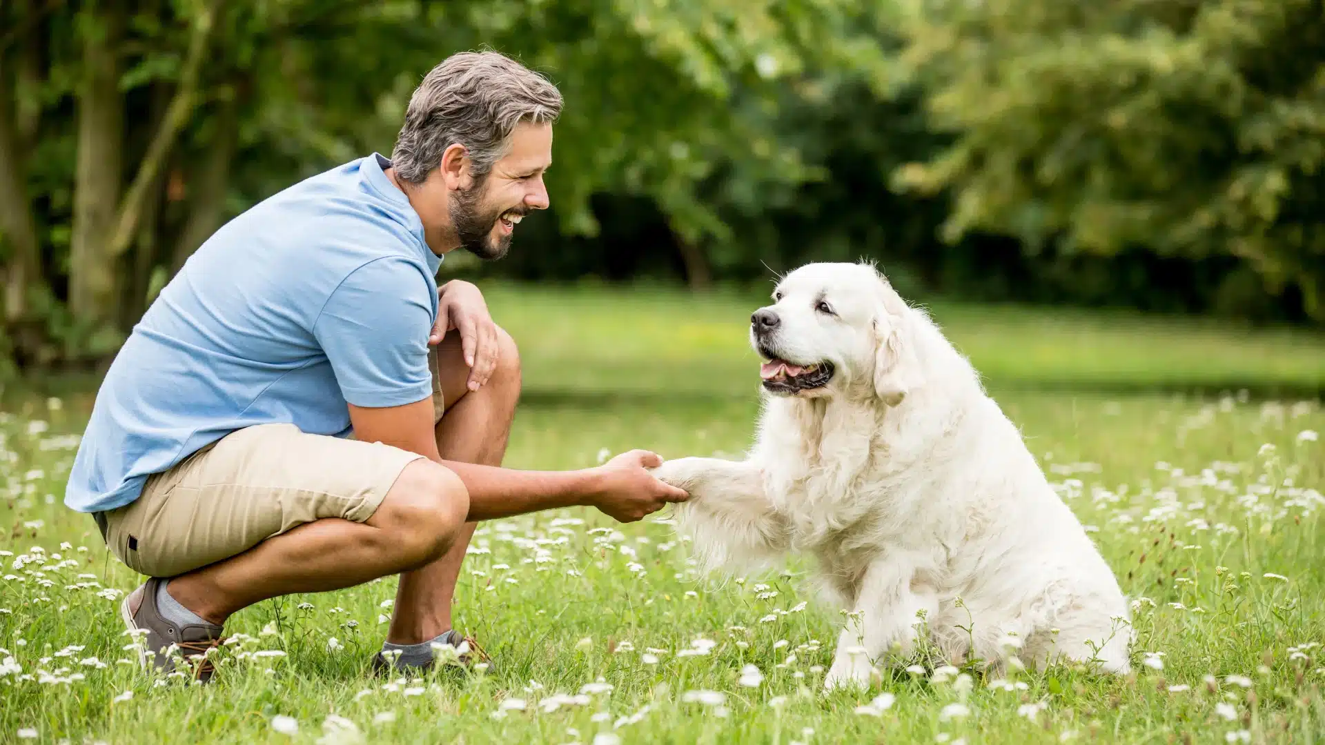 Man giving treat to dog during training session in park promoting positive pet behavior