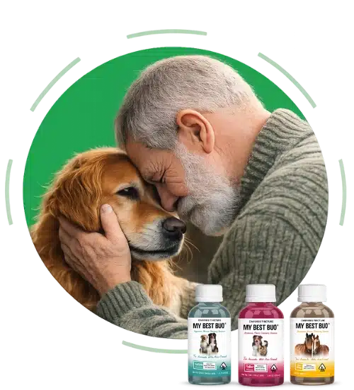 Senior man bonding with dog inside green circle with My Best Bud CBD pet wellness products displayed
