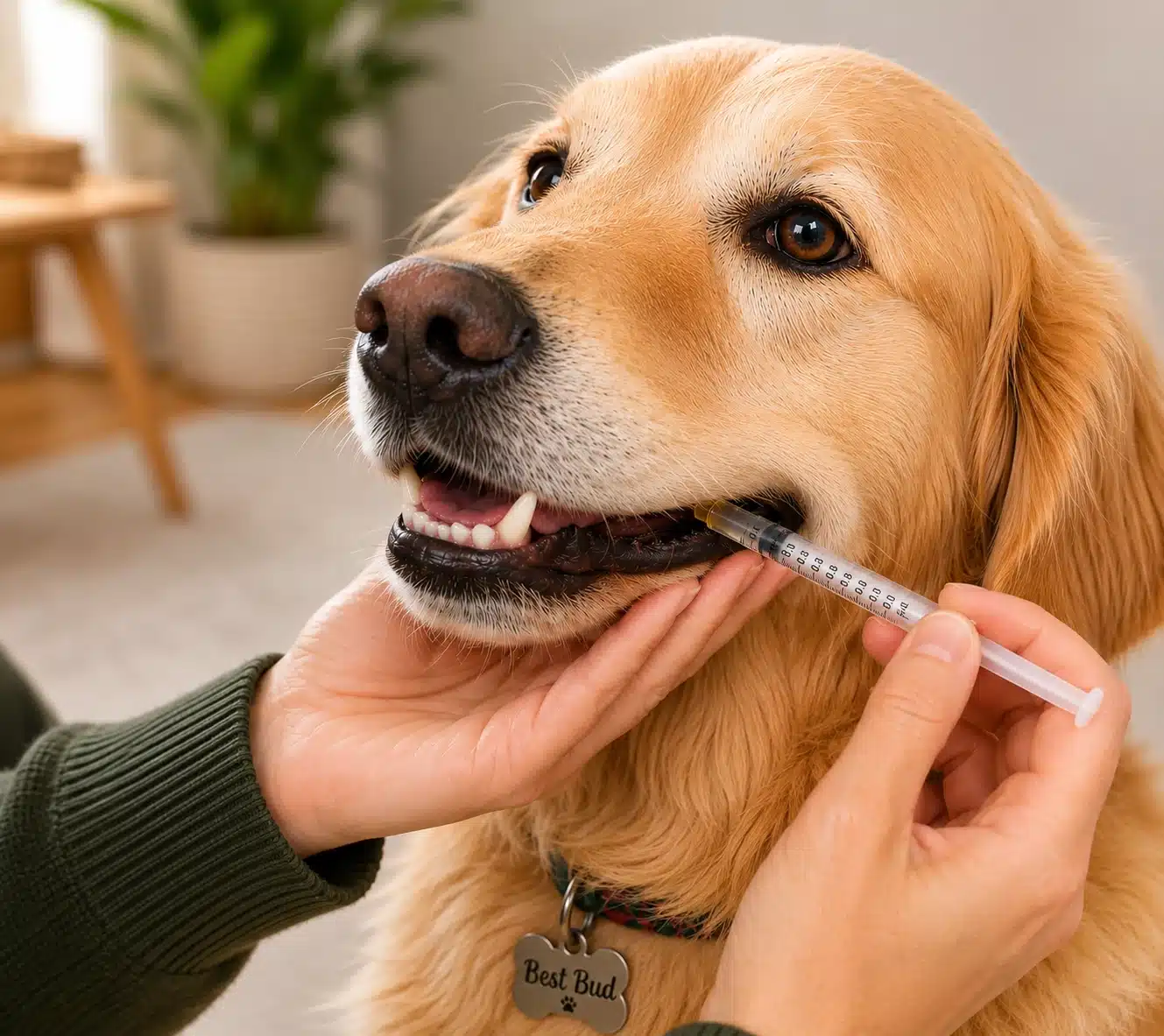 A person using an electric toothbrush to clean a dog's teeth, promoting dental hygiene for pets.