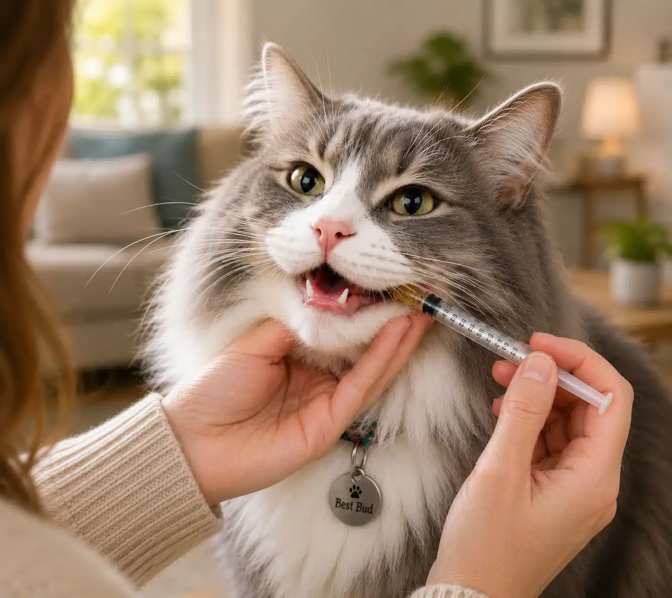 A woman gently brushes the teeth of a cat, ensuring proper dental care for her pet.